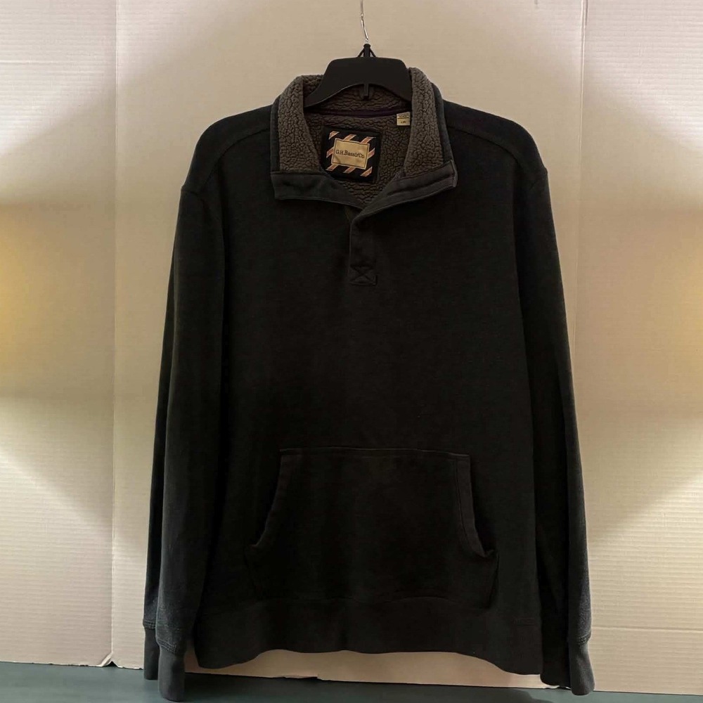 GH Bass Sweatshirt Mens L Charcoal Gray Sherpa Trim Pullover Outdoors Preppy